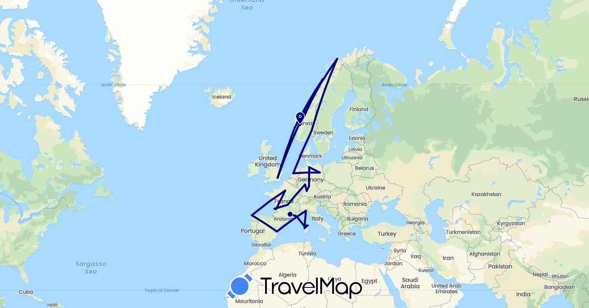 TravelMap itinerary: driving in Germany, Spain, France, United Kingdom, Italy, Netherlands, Norway (Europe)
